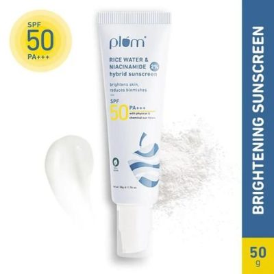 Plum 2% Niacinamide & Rice Water SPF 50 PA+++ Hybrid Sunscreen.